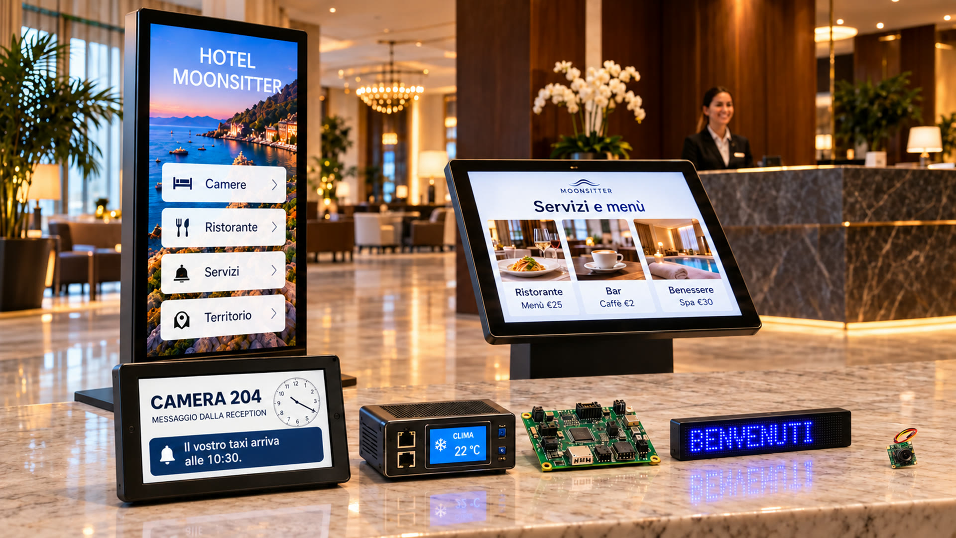 Nella hall dell’Hotel Moonsitter: totem, tablet su piedistallo, display della camera, centralina, scheda elettronica, pannello LED e microcamera