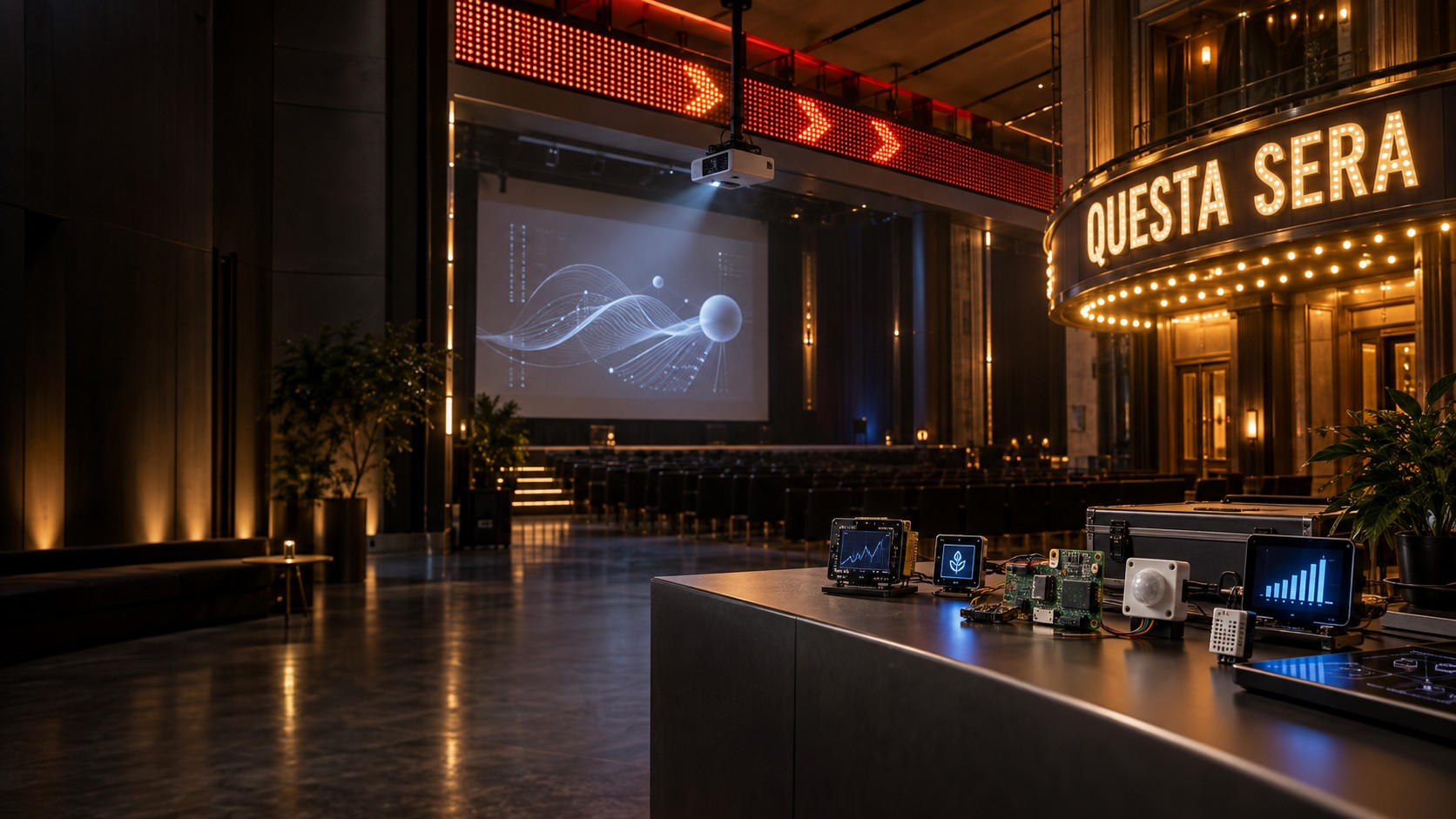 Concept VisiStream: banner LED scorrevole, grande insegna di teatro, piccoli display IoT e proiettore nello stesso ambiente